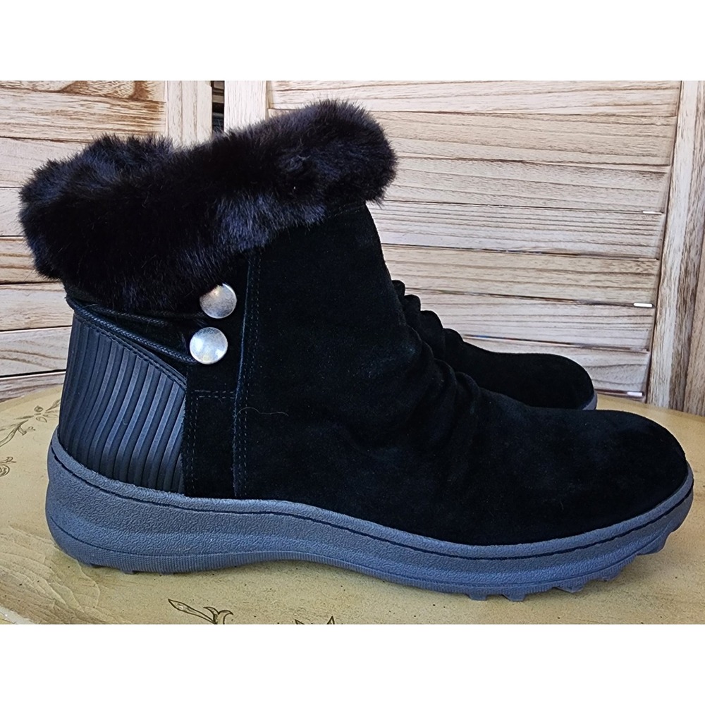 Baretraps Sz 9.5 Black Suede Faux Fur Adelina Ankle Boots Minimalist Mountain